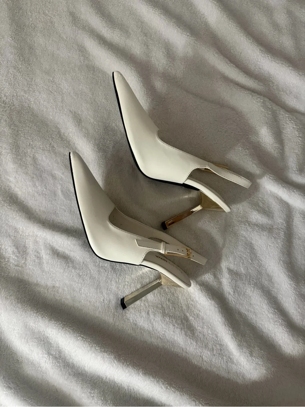 Fashion Nova White Pointed-Toe Slingback Heels with Gold & Silver Accents